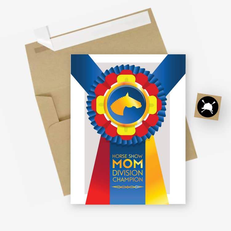 WHITE CARD AND BROWN ENVELOPE. CHAMPION RIBBON WITH HORSE LOGO AND LABELED HORSE SHOW MOM DIVISION CHAMPION