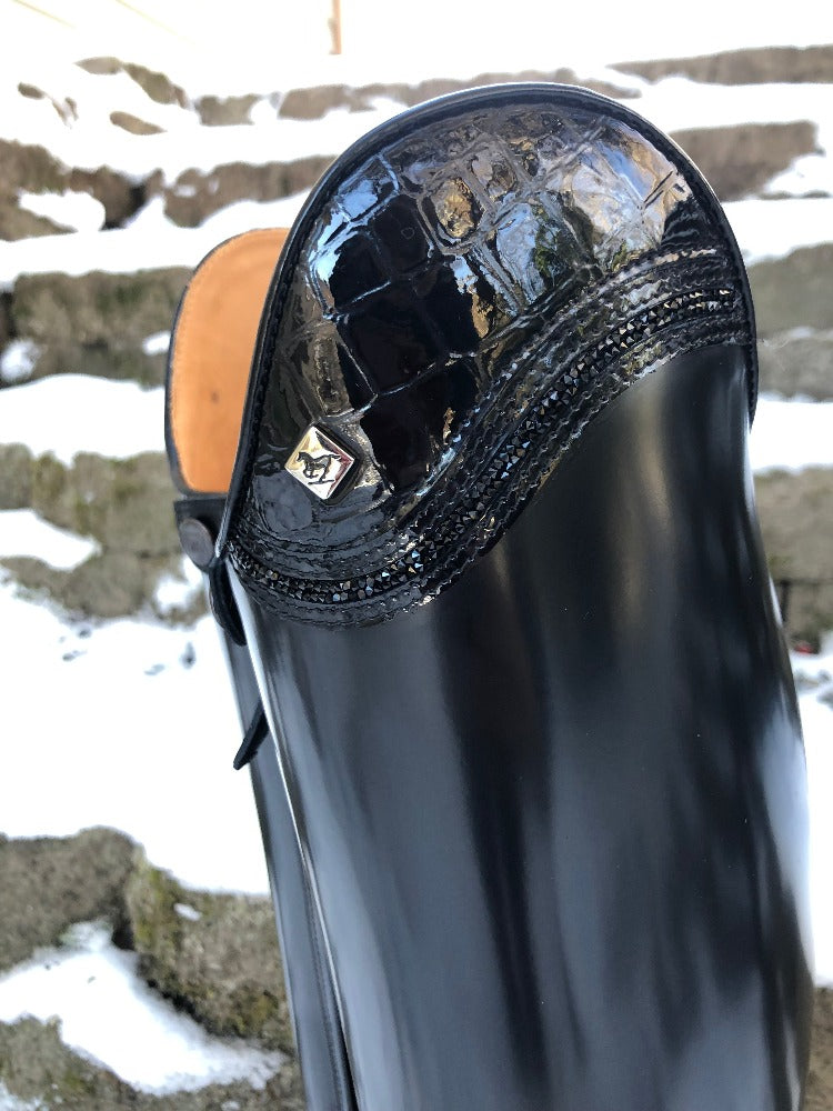 Custom DeNiro Bellini Dressage Boot - Brushed Black with Black Croc Lisa Top & Fineline close up