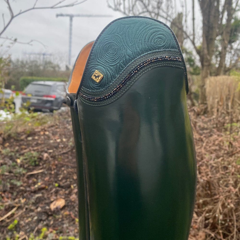 Custom DeNiro Bellini Dressage Boot - Brushed Green with Green Roseto Uptop & Swarovski Fineline