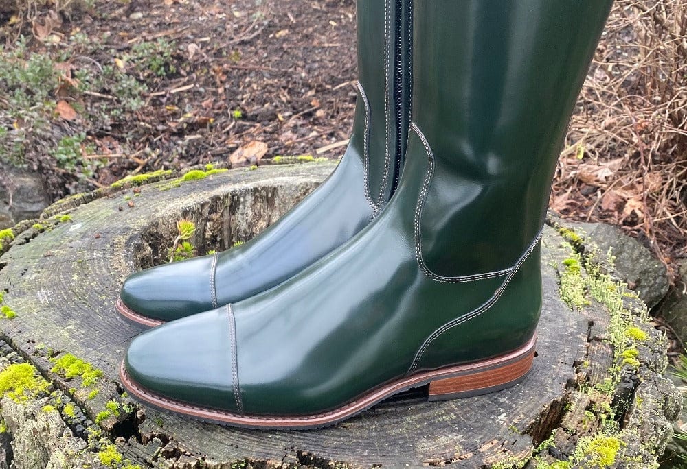 Custom DeNiro Bellini Dressage Boot - Brushed Green with Green Roseto Uptop & Swarovski Fineline