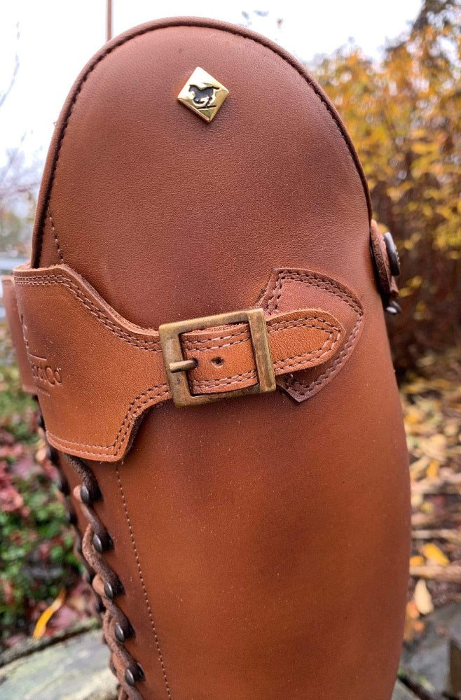 custom deniro brown soft lace up rear zip boot - top buckle close up