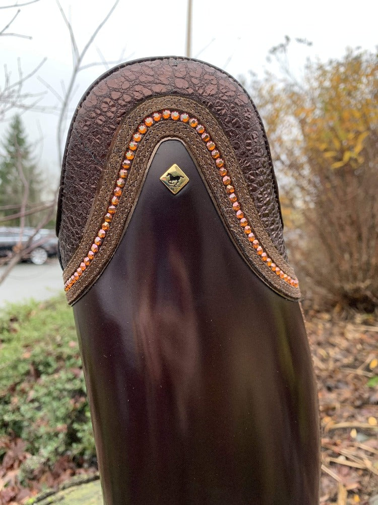 Custom DeNiro Raffaello Dressage Boot - Brushed Brown with Piccolo BG Brown Top & Copper Swarovski top close up