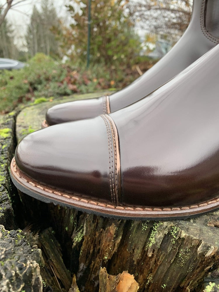 Custom DeNiro Raffaello Dressage Boot - Brushed Brown with Piccolo BG Brown Top & Copper Swarovski toe close up
