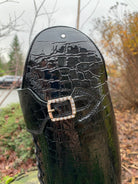 Custom DeNiro Tintoretto Dressage Boot - Black Croc Lucidi with Swarovski Buckle close up