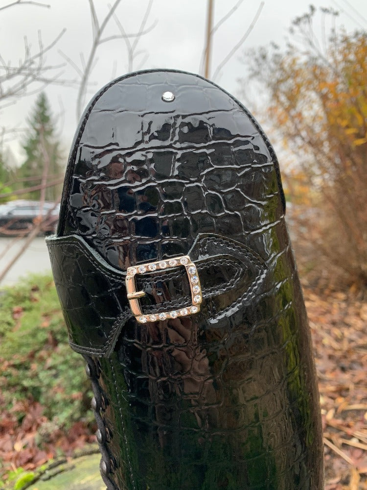 Custom DeNiro Tintoretto Dressage Boot - Black Croc Lucidi with Swarovski Buckle close up