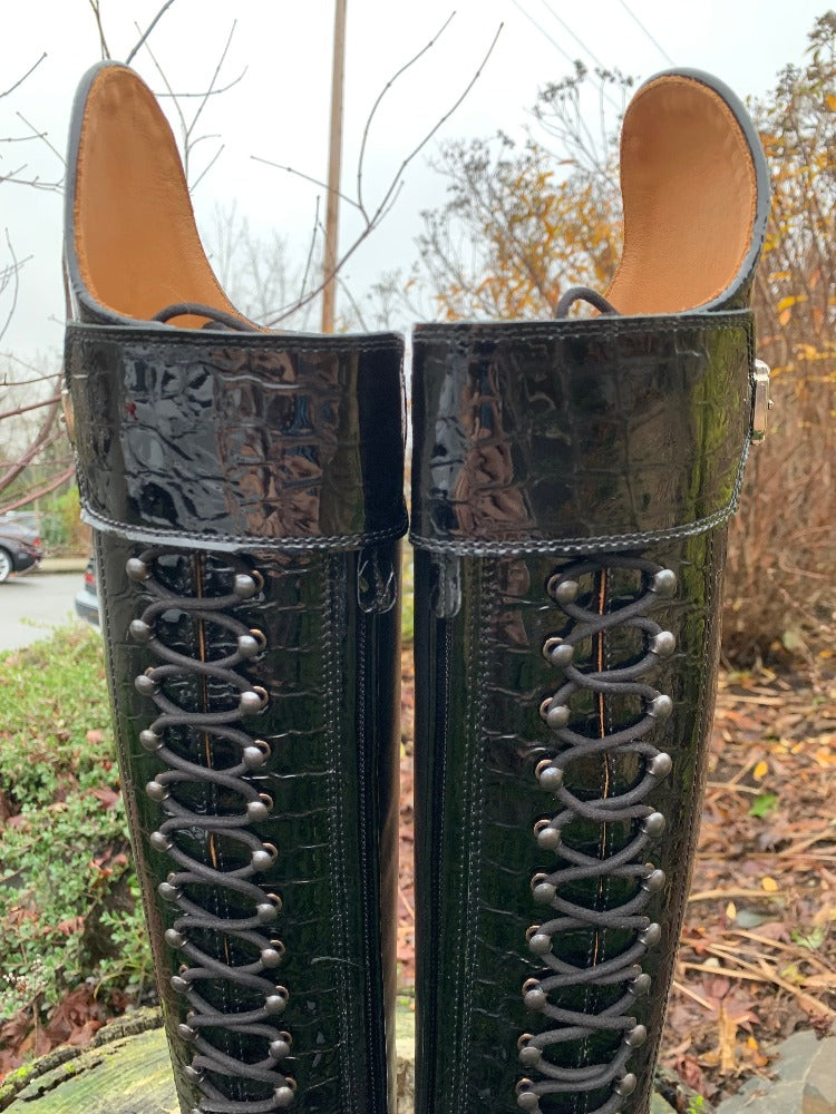 Custom DeNiro Tintoretto Dressage Boot - Black Croc Lucidi with Swarovski Buckle front top close up