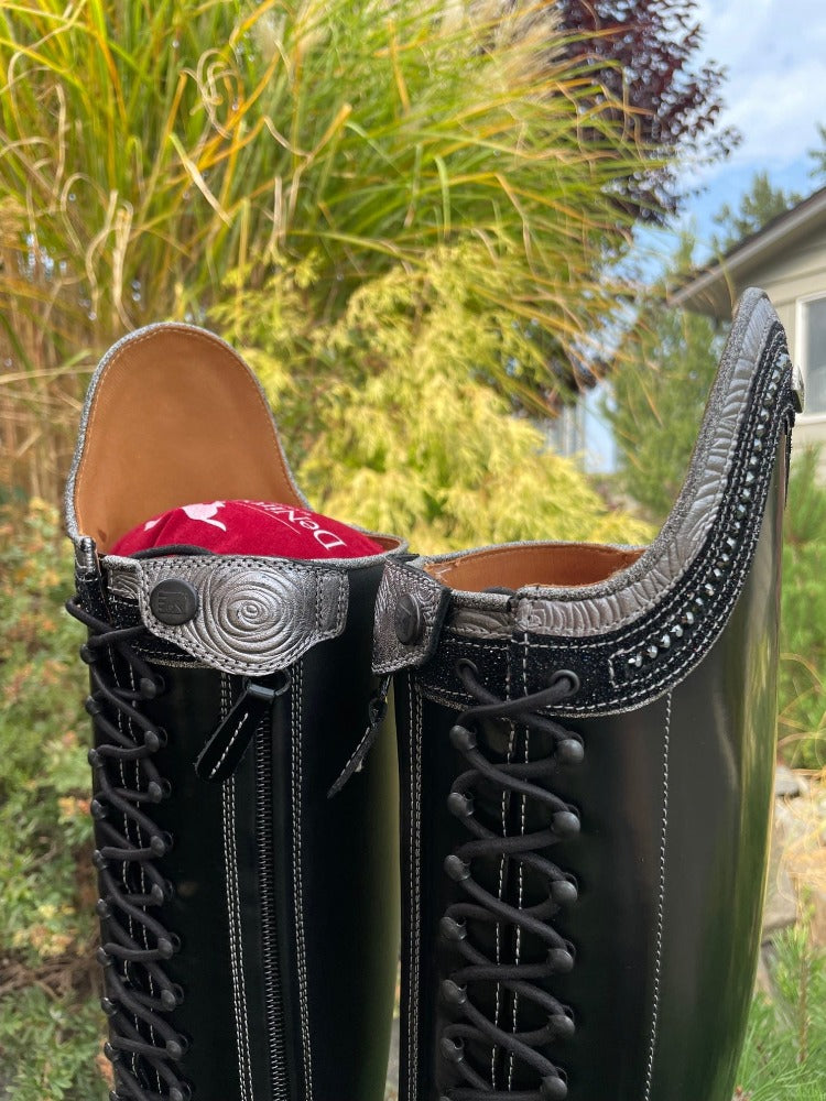 Custom DeNiro Tintoretto Dressage Boot - Brushed Black with Grey Roseto Rondine, Swarovski & Stardust