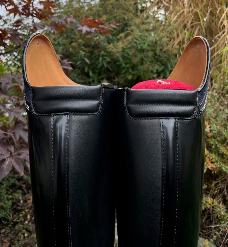 Custom DeNiro Raffaello Dressage Boot - Brushed Black & Blue Stardust Rondine with Crystals 