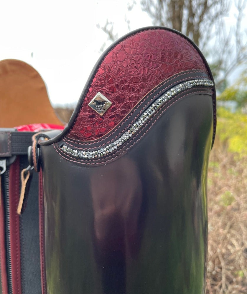 Custom DeNiro Raffaello Dressage Boot - Brushed Burgundy with BG Uptop, Swarovski, Stretch Panel & Comfort Knee