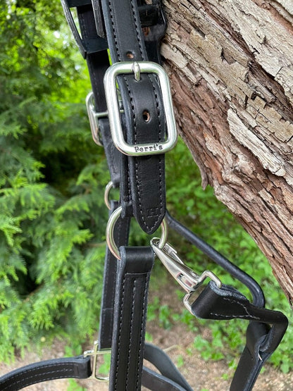 perris premium leather halter - black, triple stitched close up