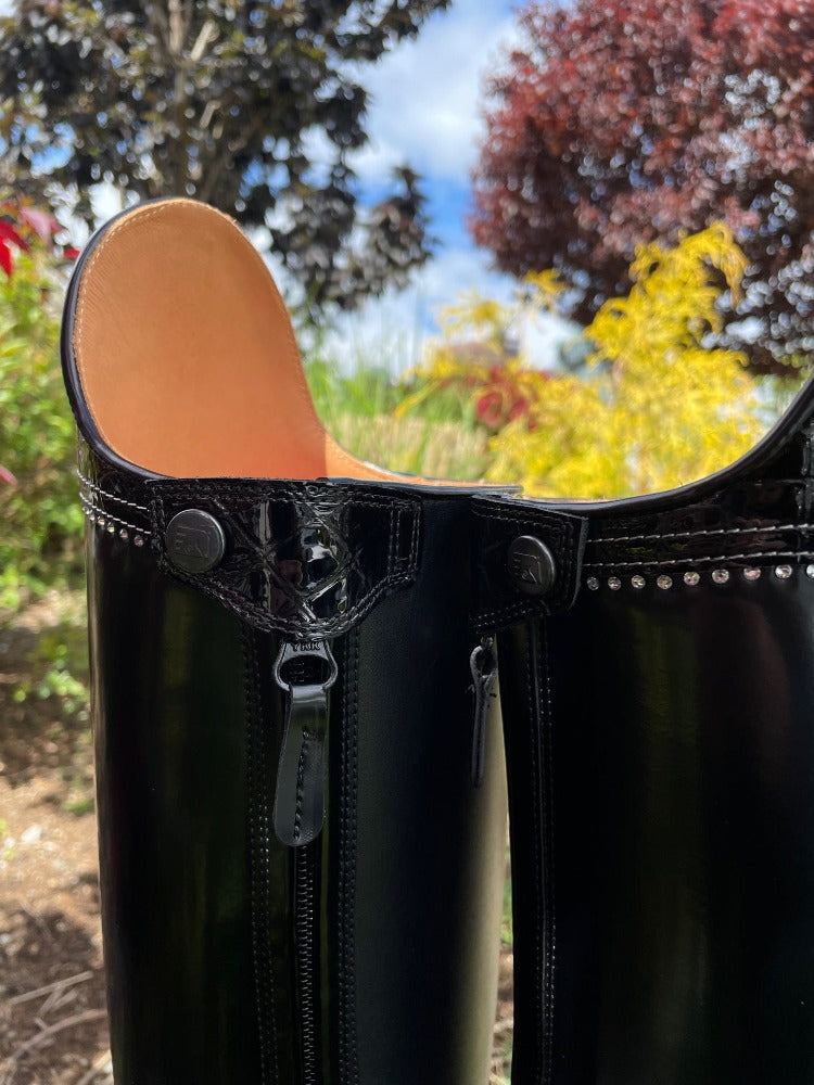 Custom DeNiro Raffaello Dressage Boot - Brushed Black with America Top in Black Lucidi & Swarovski Stones