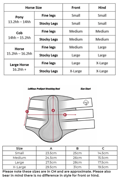 LeMieux Prosport Mesh Brushing Boots - Size chart