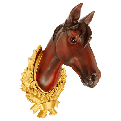 angled view of the brown horse wall hanger. gold leaves accent the neck and head of the brown horse,