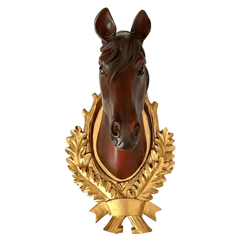 front view of the brown horse wall hanger. gold leaves accent the neck and head of the brown horse, 