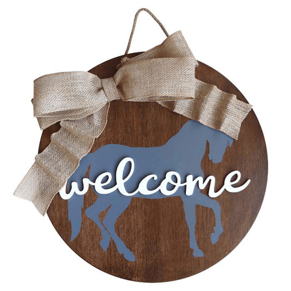 "Welcome" Horse Door Sign wood round with painted grey horse, 3-D white painted welcome decal, and wire ribbon. chord makes it ready to hang. 