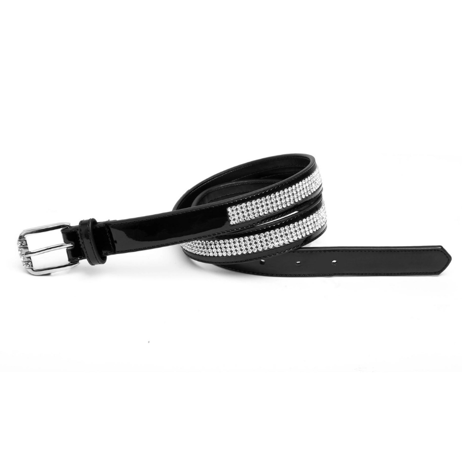 Black patent leather belt with inset clear crystals and a silver buckle.