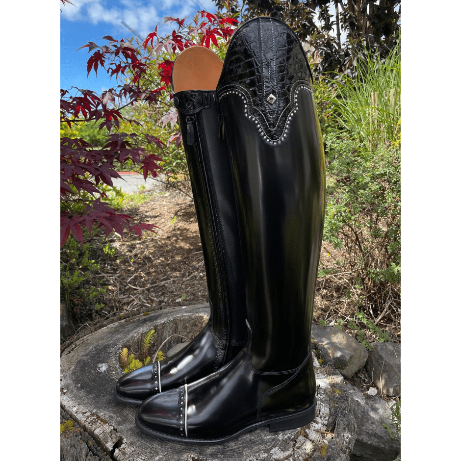 Custom DeNiro Raffaello Dressage Boot - Brushed Black with America Top in Black Lucidi & Swarovski Stones