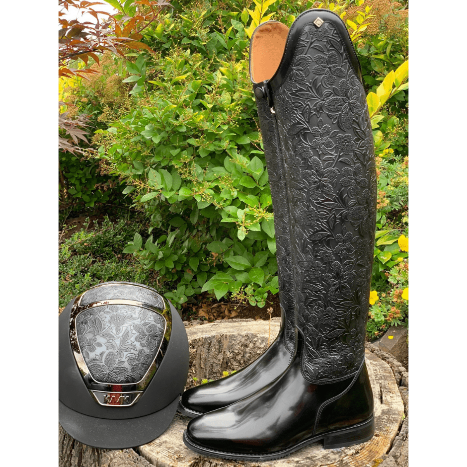 Custom DeNiro Raffaello Dressage Boot - Greta Grey Leg & Brushed Black Foot with custom matching kask