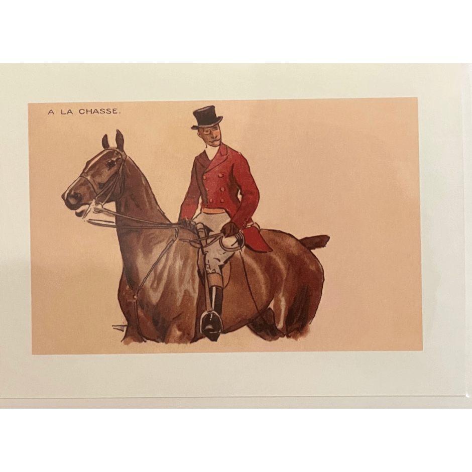 vintage equestrian gift card rider on chestnut horse in red hunt coat
