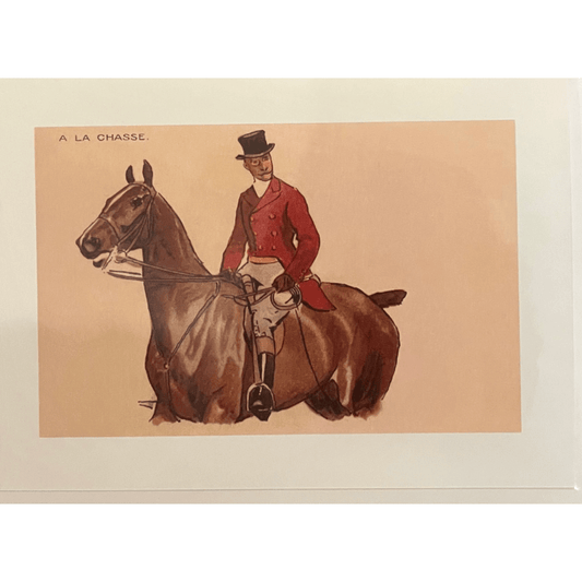 vintage equestrian gift card rider on chestnut horse in red hunt coat