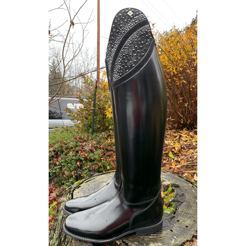custom deniro raffaello dressage boot - brushed black leather with hunter liz top with swarovski crystals