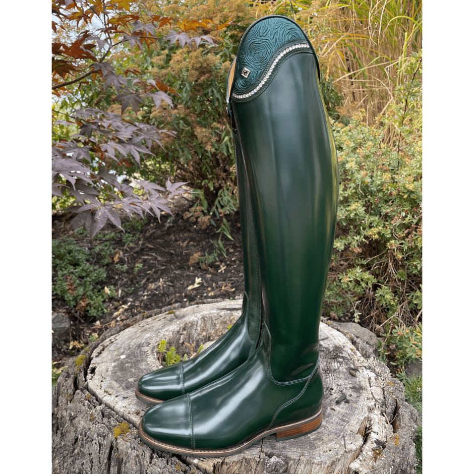 Custom DeNiro Bellini Dressage Boot - Brushed Green with Green Roseto Uptop & Swarovski