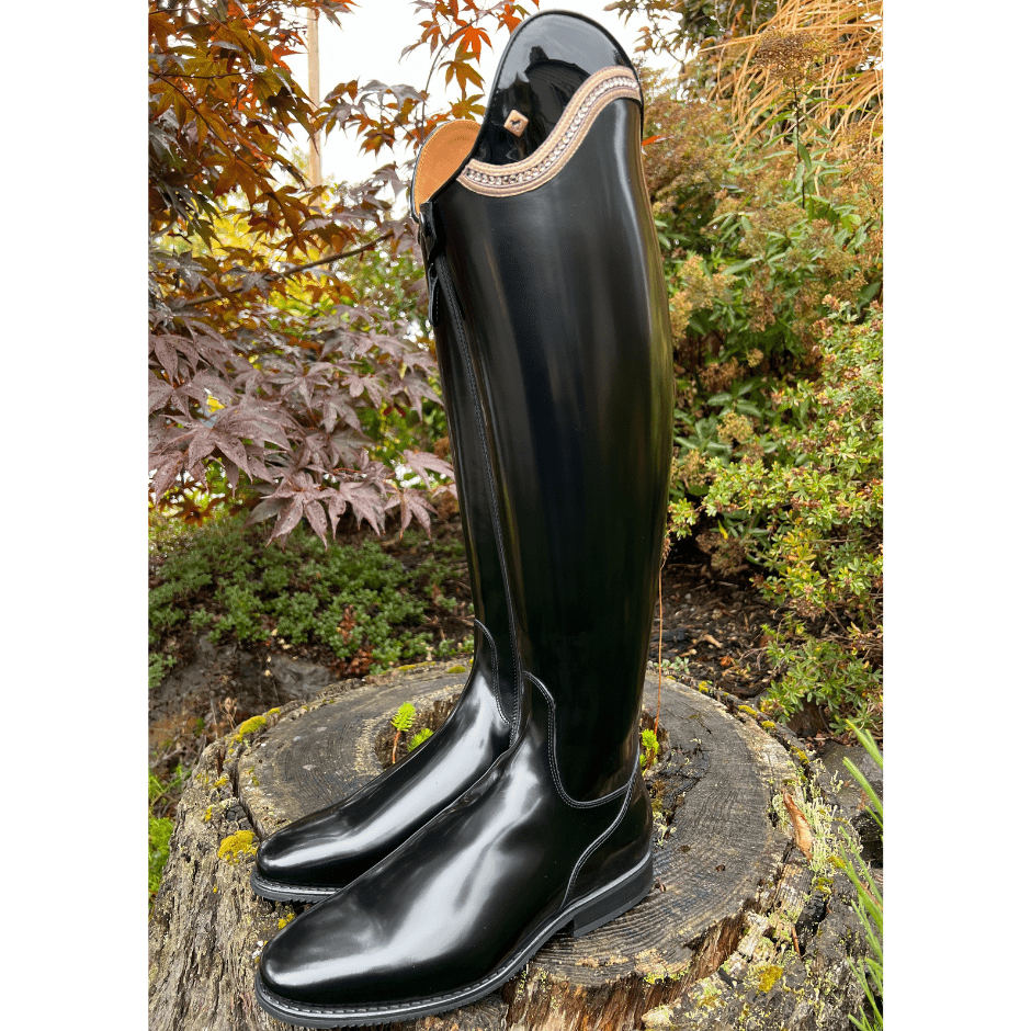 Custom DeNiro Bellini Dressage Boot - Brushed Black with Black Patent Uptop & Sinax Rose with Swarovski
