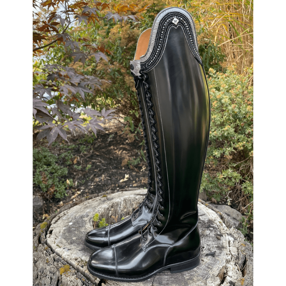 Custom DeNiro Tintoretto Dressage Boot - Brushed Black with Grey Roseto Rondine, Swarovski & Stardust