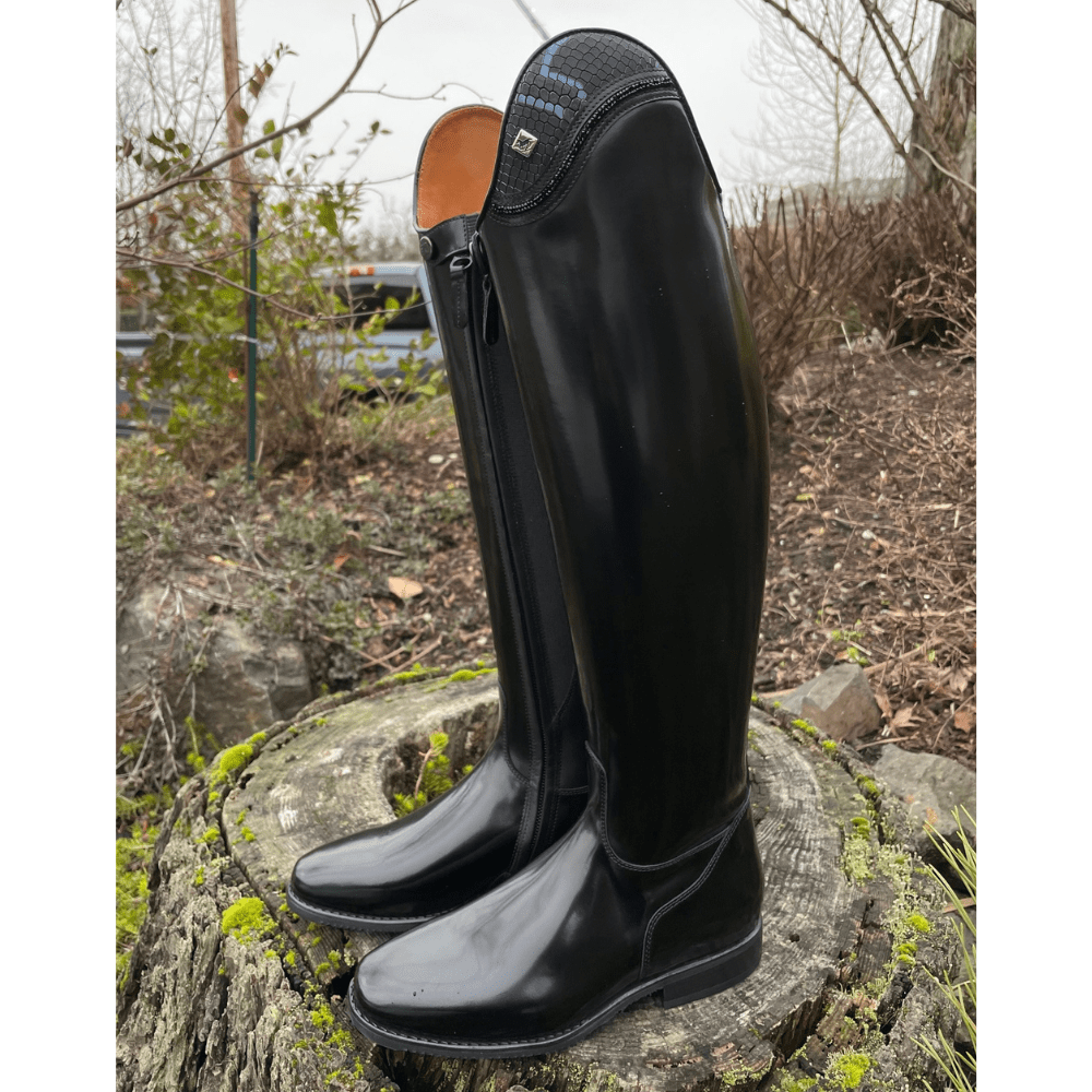 Custom DeNiro Raffaello Dressage Boot - Brushed Black with Blue Regal Uptop & Fineline Swarovski