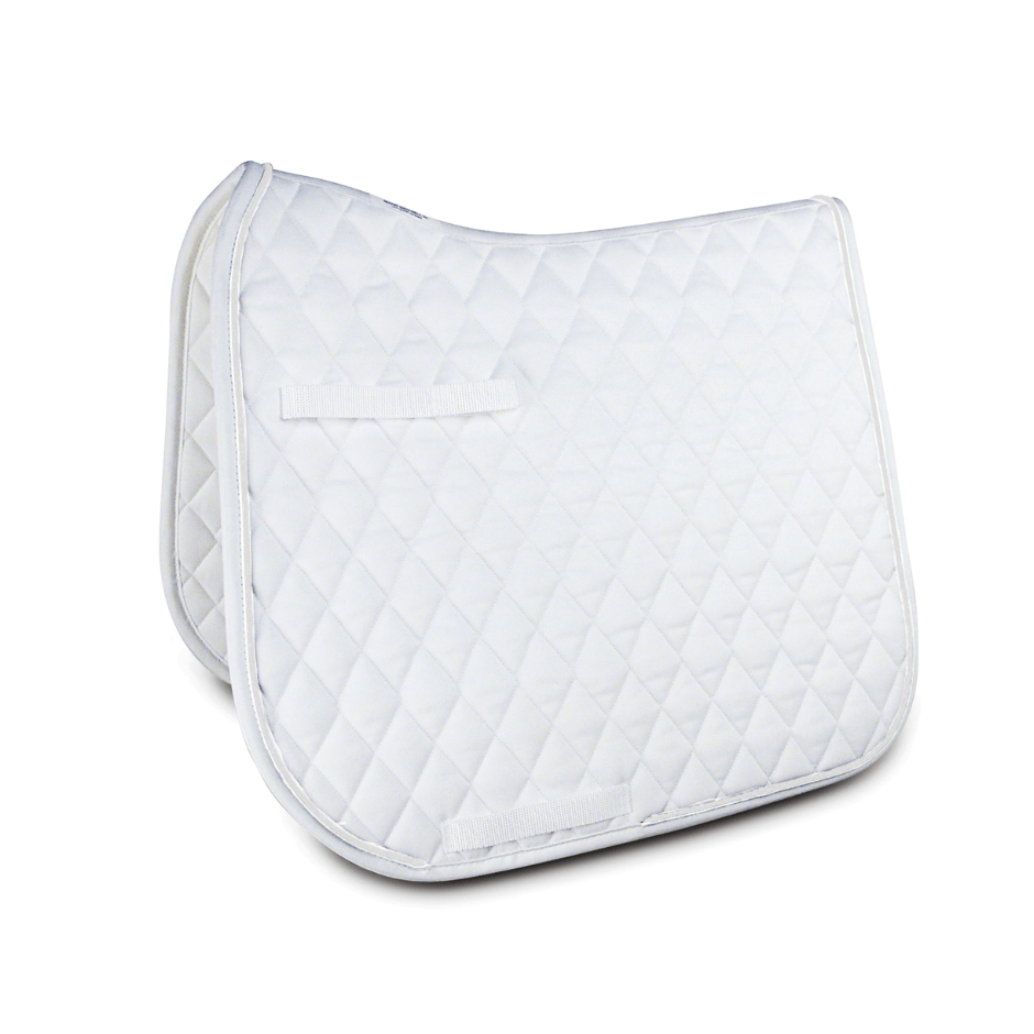 Left profile of white cotton dressage pad with white piping, against white background. 