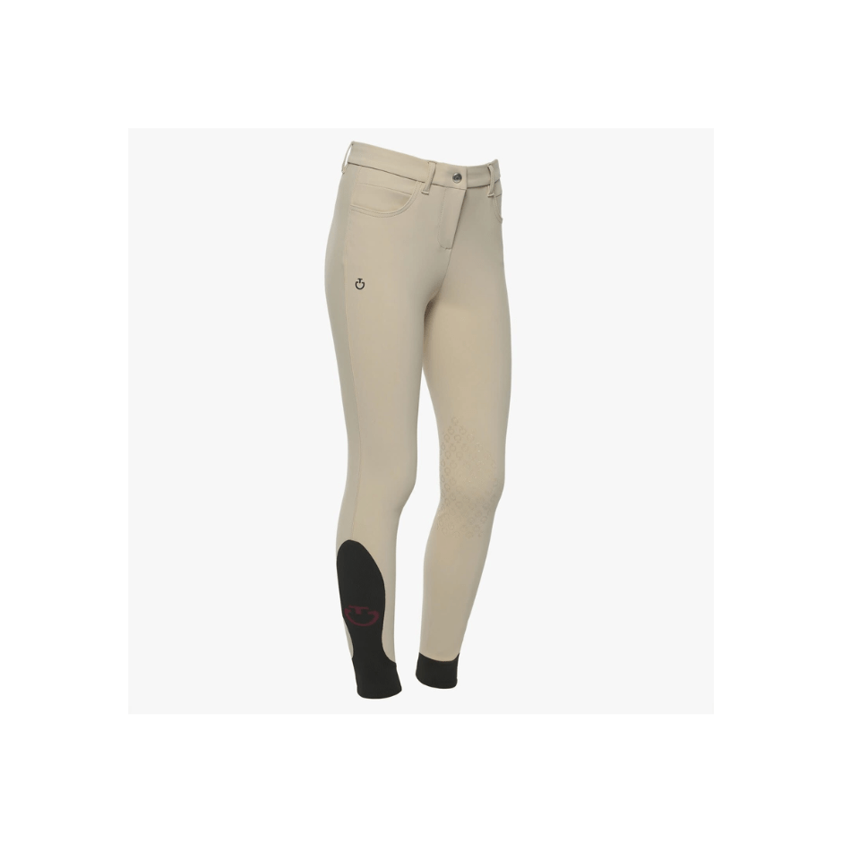 Front facing view.Tan riding breeches with small front pockets, small black Cavalleria Toscana logo on right hip, silicone grip at knee, and black sock fabric ankle. Against a white background