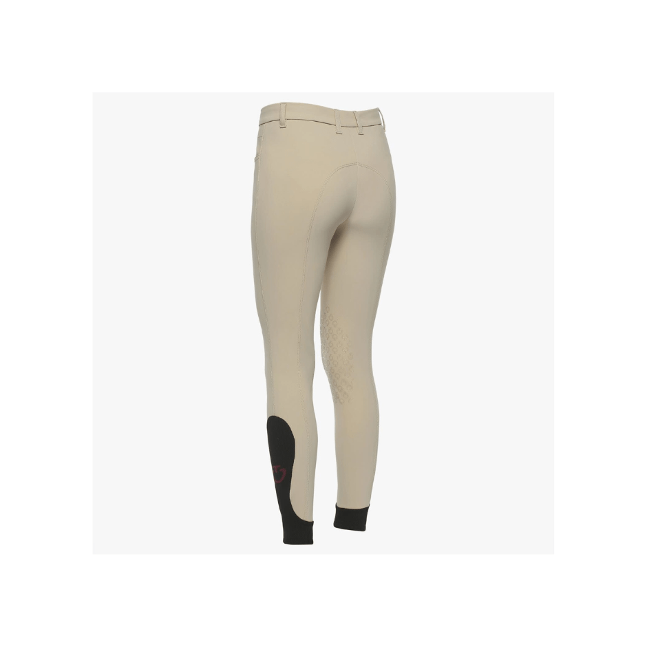Rear facing view. Tan riding breeches with small front pockets, small black Cavalleria Toscana logo on right hip, silicone grip at knee, and black sock fabric ankle. Against a white background