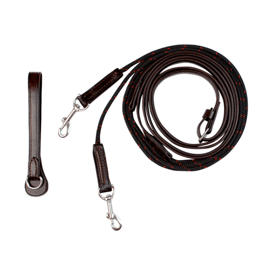 walsh leather draw reins with rope - brown with black and red nylon rope with leather girth loop