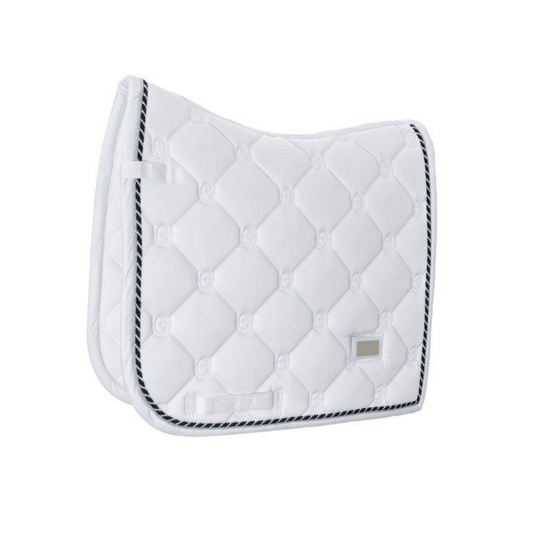 equestrian stockholm dressage pad - white perfection with navy and silver