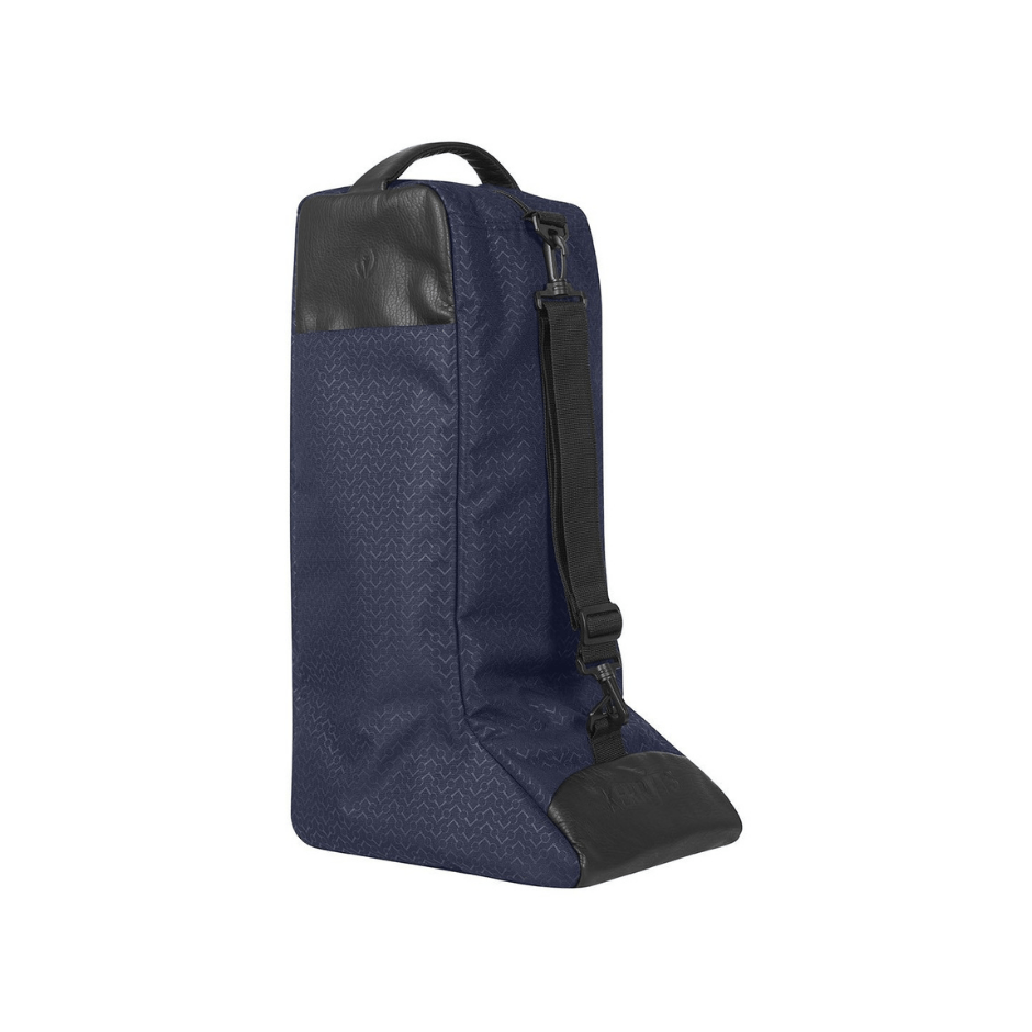 a picture of a tall boot bag. the bag is made from an embossed bit patterned navy fabric with leather trim and handles. a black shoulder strap is attached. white background.