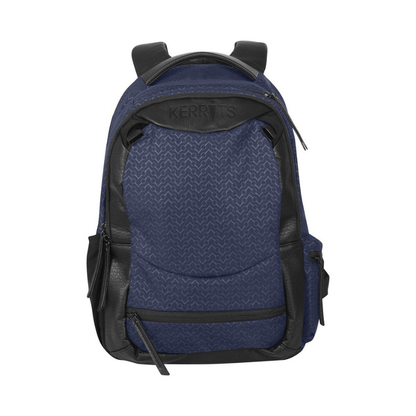 Front view of a navy and black backpack on a white background. Navy equestrian embossed snaffle print with black leather trim.
