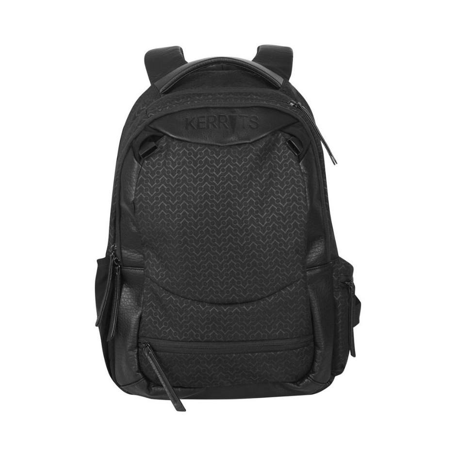 Front view of a black backpack on a white background. Black equestrian embossed snaffle print with black leather trim. 