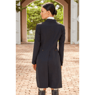 Model wearing a black shadbelly