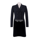 Black shadbelly coat against a white background