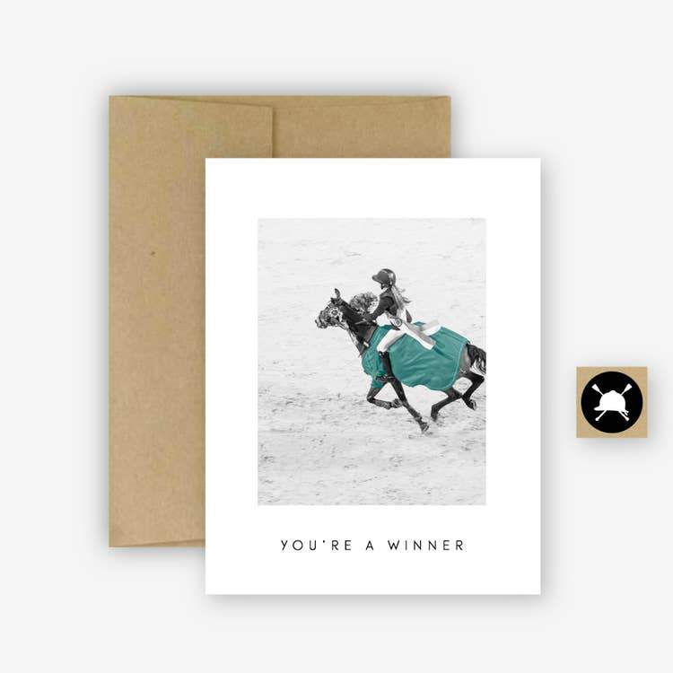 WHITE CARD WITH BROWN ENVELOPE. BLACK AND WHITE PICTURE OF GIRL RIDER AND GREEN SHOW COOLER
