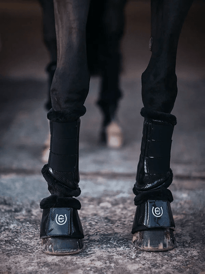 equestrian stockholm bell boots - black edition on horse shown with matching brushing boots