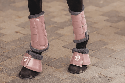 equestrian stockholm bell boots with fur - pink on horse