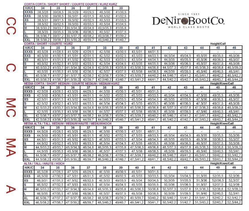 DeNiro Boot size chart 