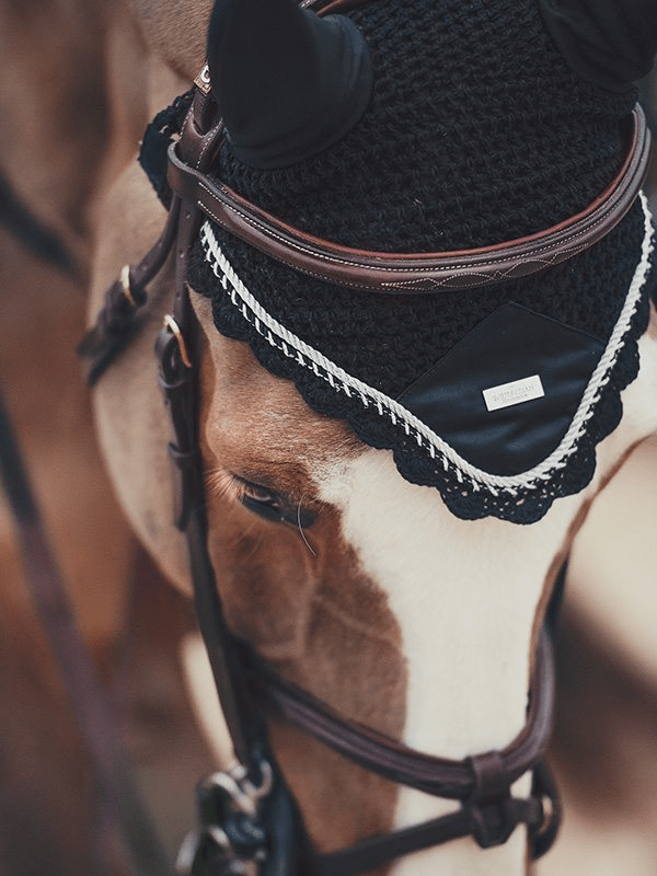 Equestrian Stockholm Ear Bonnet - Black Edition on horse