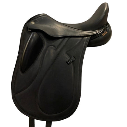 Black saddle against a white background. 