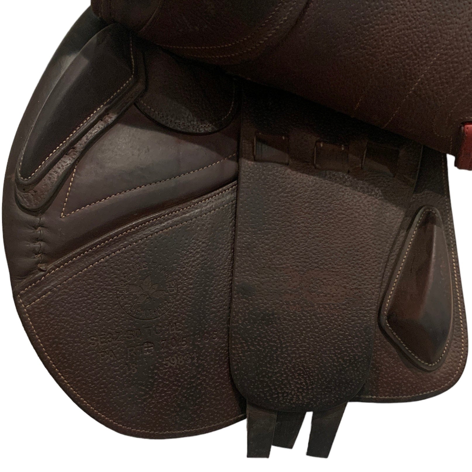 Brown saddle against a white background