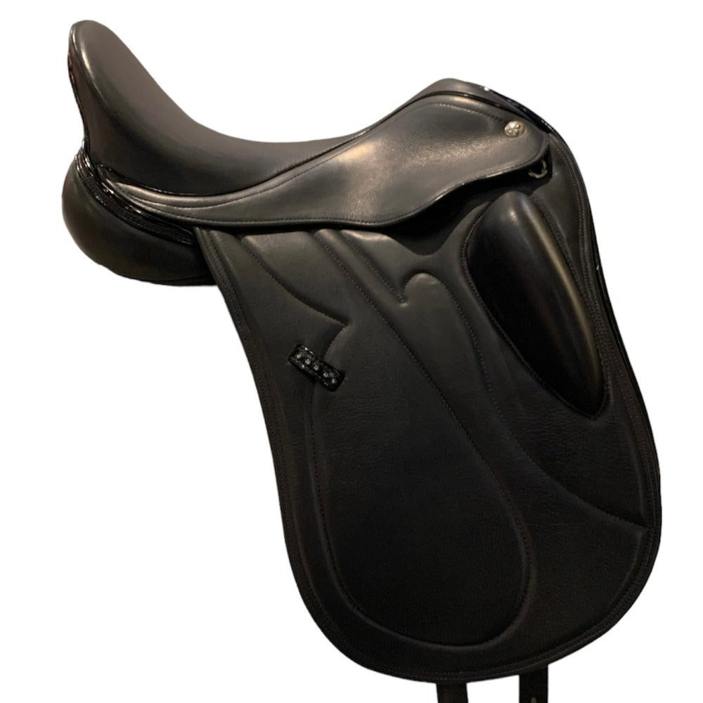 Black saddle against a white background. 