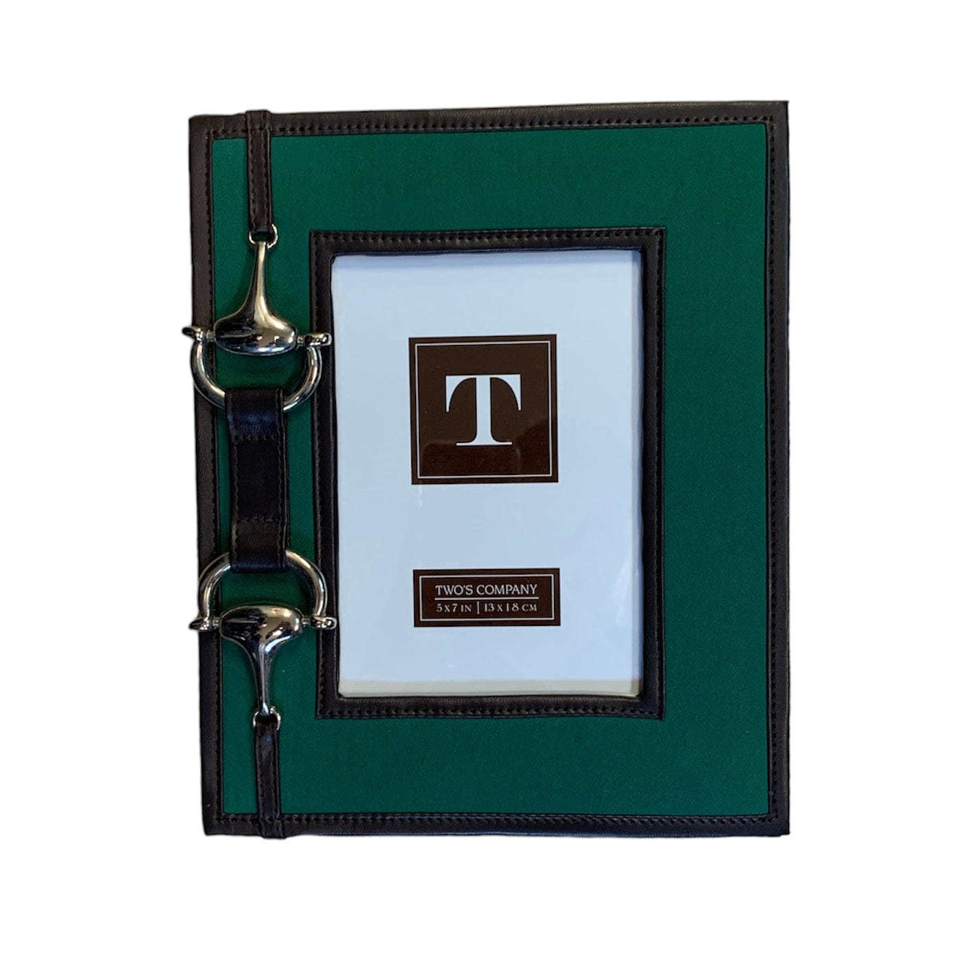 Green Picture frame with brown leather border and snaffle bit decoration on left side of frame. 