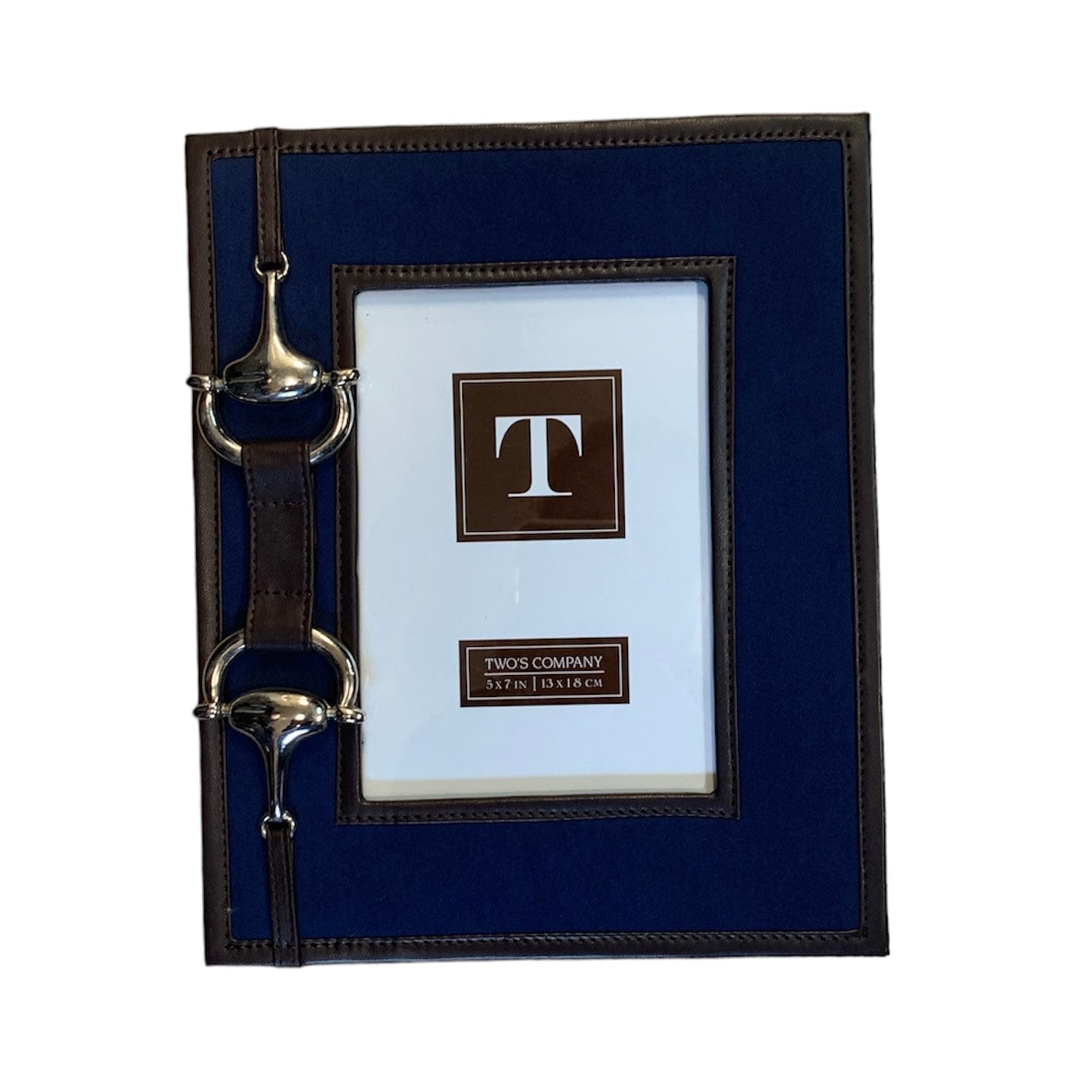Blue Picture frame with brown leather border and snaffle bit decoration on left side of frame. 