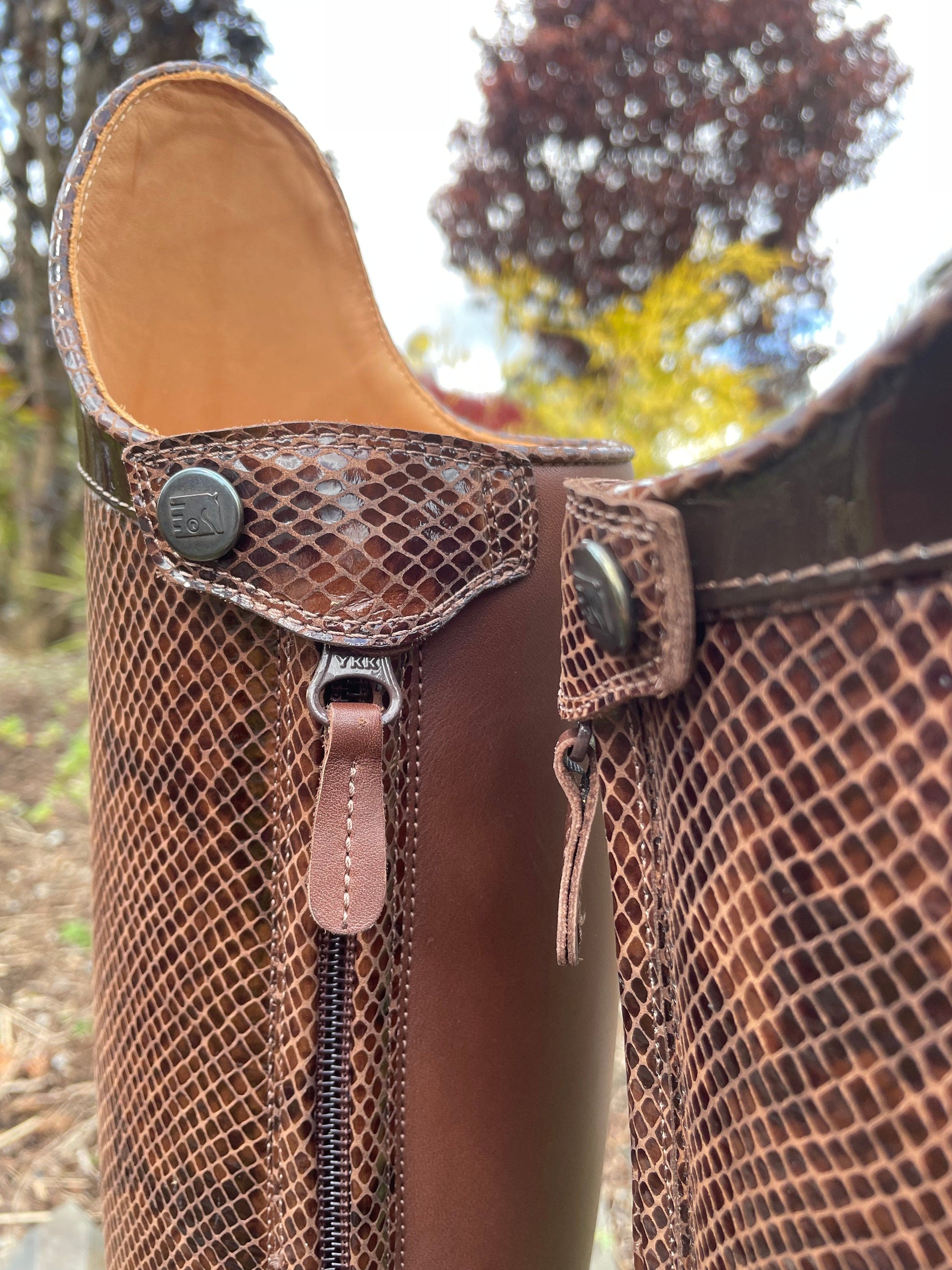 Custom DeNiro Bellini Dressage Boot - Pitone Brown with Brown Patent America Top & Swarovski Toe